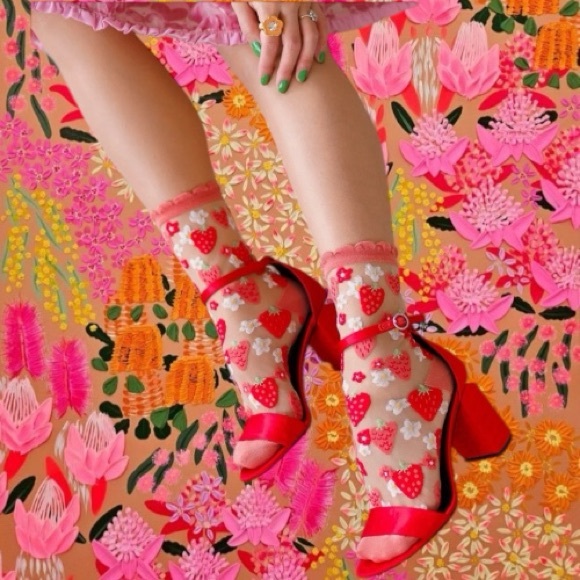 Sock Candy Accessories - NWT Sock Candy Strawberry Daisy Ruffle Sheer Socks